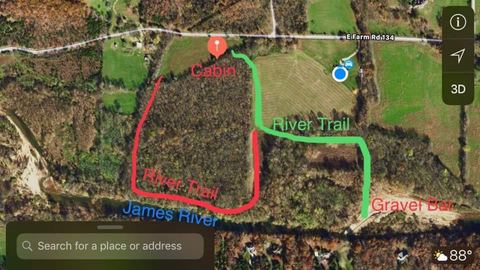 Trail map showing the river trail route from the cabin down to the James River frontage
