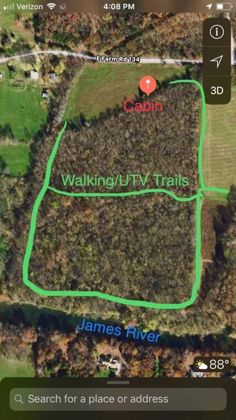 Property map marking the cabin and the walking and UTV trails leading to the James River