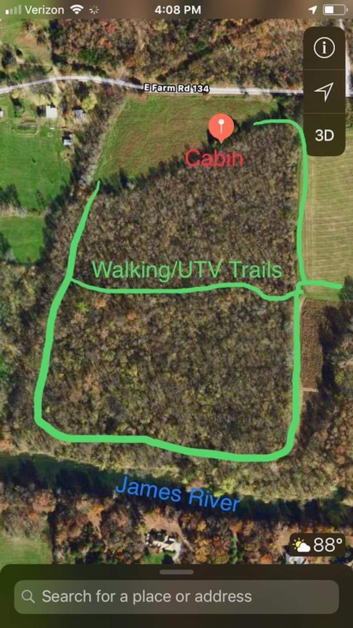 Property map marking the cabin and the walking and UTV trails leading to the James River
