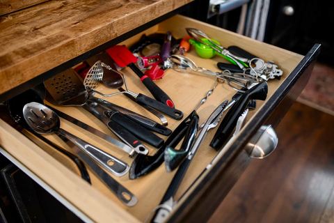 Drawer of quality kitchen utensils and cooking tools provided at the cabin